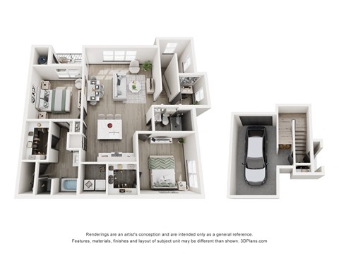 A 3D floor plan of a house with a kitchen, living room, and bathroom.